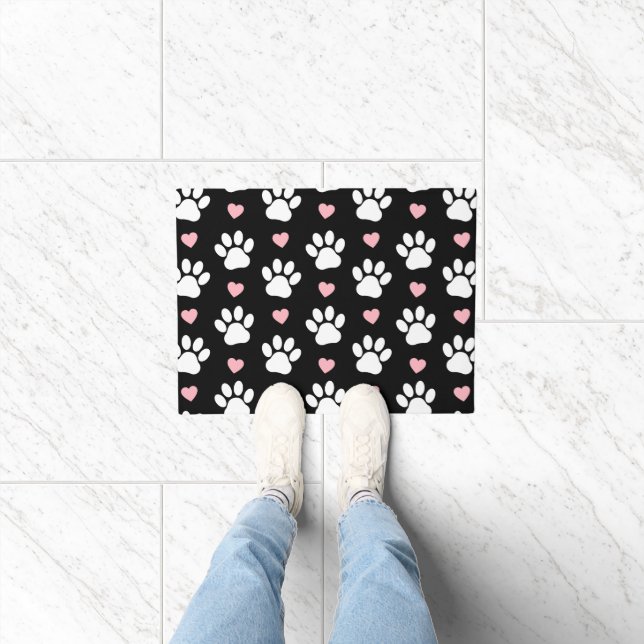Pattern Of Paws, Dog Paws, White Paws, Pink Hearts Doormat (Indoor)