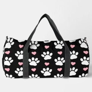 Pattern Of Paws, Dog Paws, White Paws, Pink Hearts Duffle Bag