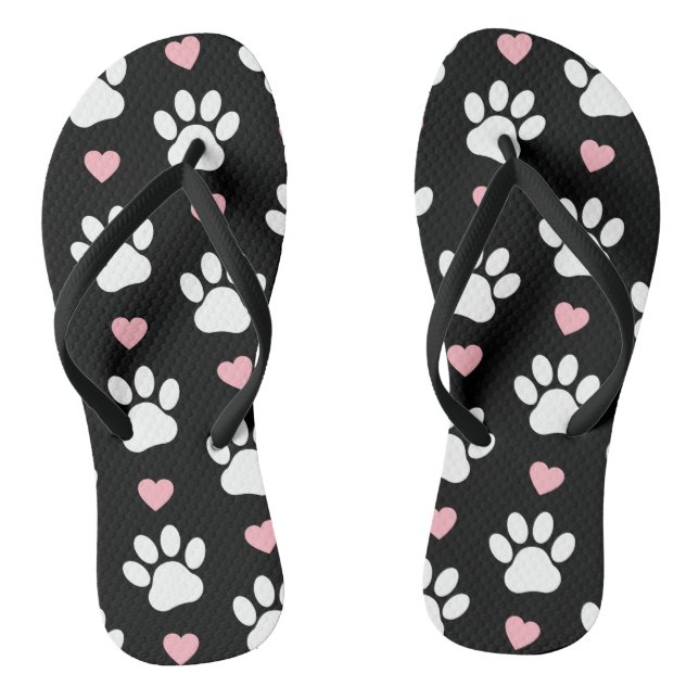 Pattern Of Paws, Dog Paws, White Paws, Pink Hearts Flip Flops (Footbed)