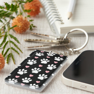 Pattern Of Paws, Dog Paws, White Paws, Pink Hearts Key Ring