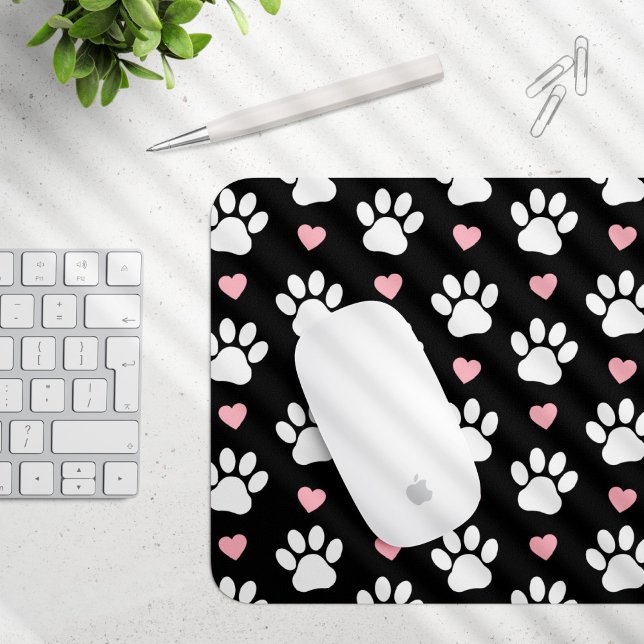 Pattern Of Paws, Dog Paws, White Paws, Pink Hearts Mouse Mat (Creator Uploaded)