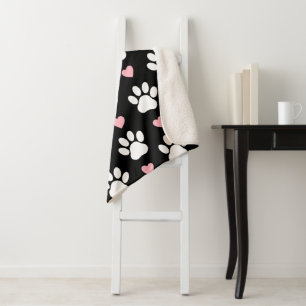 Pattern Of Paws, Dog Paws, White Paws, Pink Hearts Sherpa Blanket