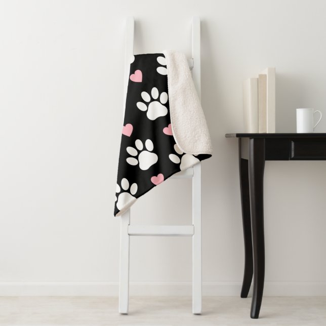 Pattern Of Paws, Dog Paws, White Paws, Pink Hearts Sherpa Blanket (In Situ)