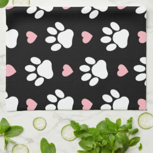 Pattern Of Paws, Dog Paws, White Paws, Pink Hearts Tea Towel