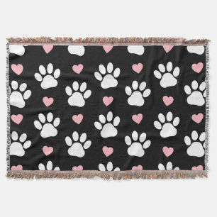 Pattern Of Paws, Dog Paws, White Paws, Pink Hearts Throw Blanket