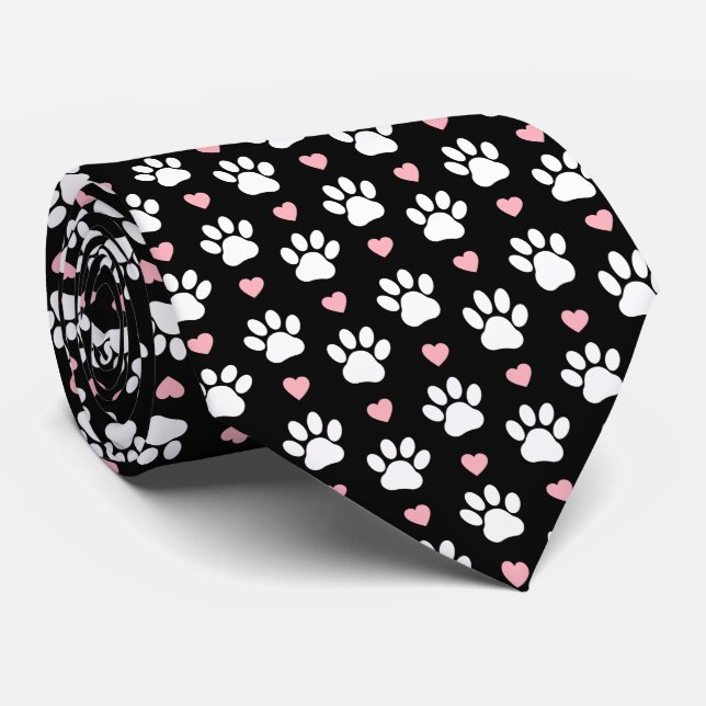 Pattern Of Paws, Dog Paws, White Paws, Pink Hearts Tie (Rolled)