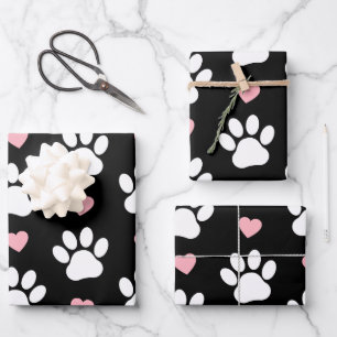 Pattern Of Paws, Dog Paws, White Paws, Pink Hearts Wrapping Paper Sheet