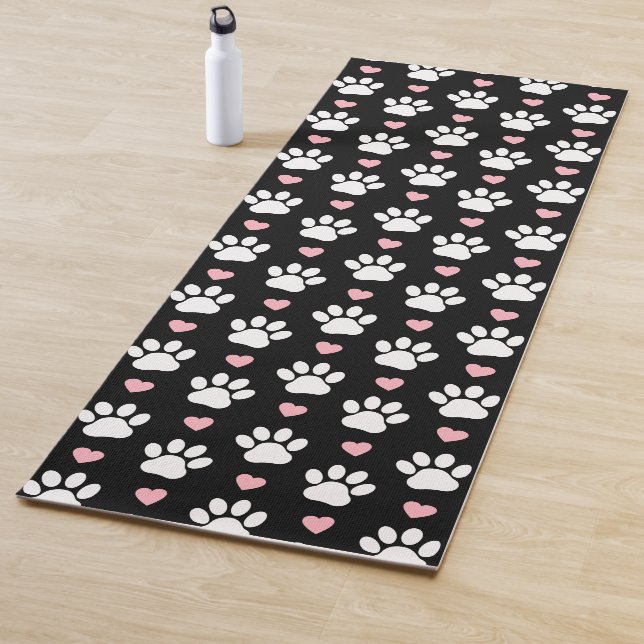 Pattern Of Paws, Dog Paws, White Paws, Pink Hearts Yoga Mat (In Situ)