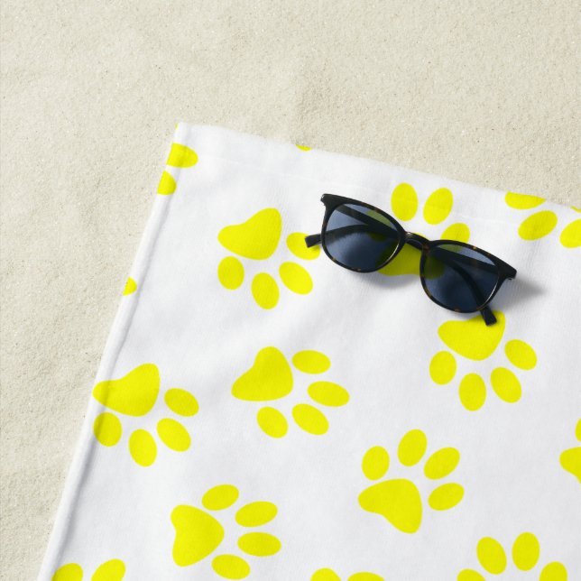Pattern Of Paws, Dog Paws, Yellow Paws Beach Towel (In Situ)