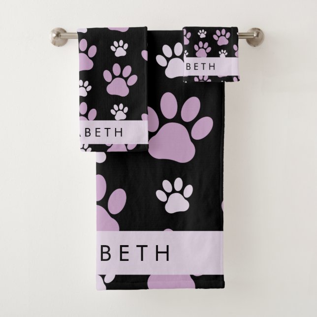 Pattern Of Paws, Lilac Paws, Dog Paws, Your Name Bath Towel Set (Insitu)