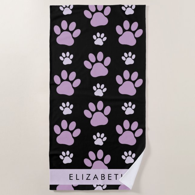Pattern Of Paws, Lilac Paws, Dog Paws, Your Name Beach Towel (Front)