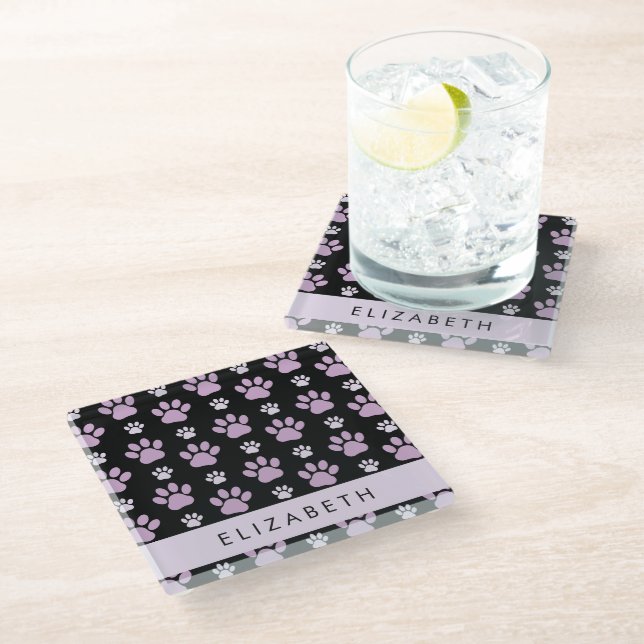 Pattern Of Paws, Lilac Paws, Dog Paws, Your Name Glass Coaster (Angled)