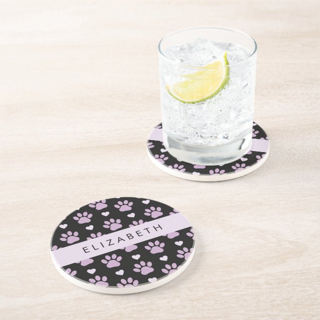Pattern Of Paws, Lilac Paws, Hearts, Your Name Coaster (Side)