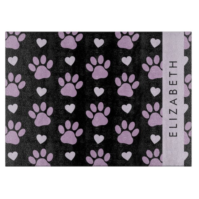 Pattern Of Paws, Lilac Paws, Hearts, Your Name Cutting Board (Front)