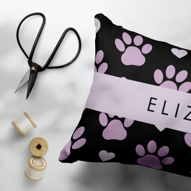 Pattern Of Paws, Lilac Paws, Hearts, Your Name Decorative Cushion (Creator Uploaded)