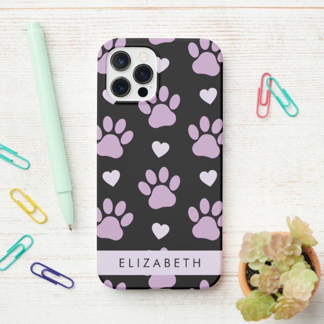 Pattern Of Paws, Lilac Paws, Hearts, Your Name iPhone Case (On Desk)