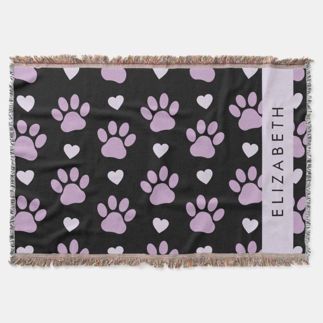 Pattern Of Paws, Lilac Paws, Hearts, Your Name Throw Blanket (Front)