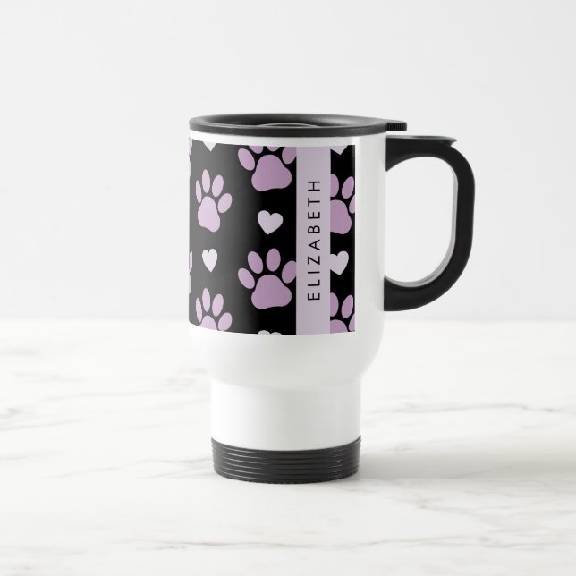 Pattern Of Paws, Lilac Paws, Hearts, Your Name Travel Mug (Right)