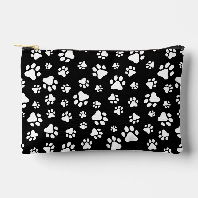 Pattern Of Paws, Paw Prints, Black and White Accessory Pouch (Front)