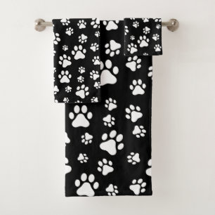 Pattern Of Paws, Paw Prints, Black and White Bath Towel Set