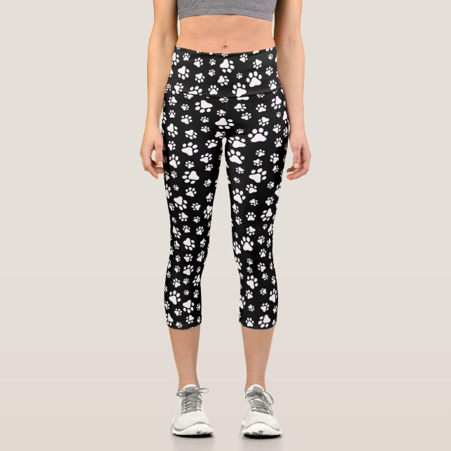 Pattern Of Paws, Paw Prints, Black and White Capri Leggings (Front)