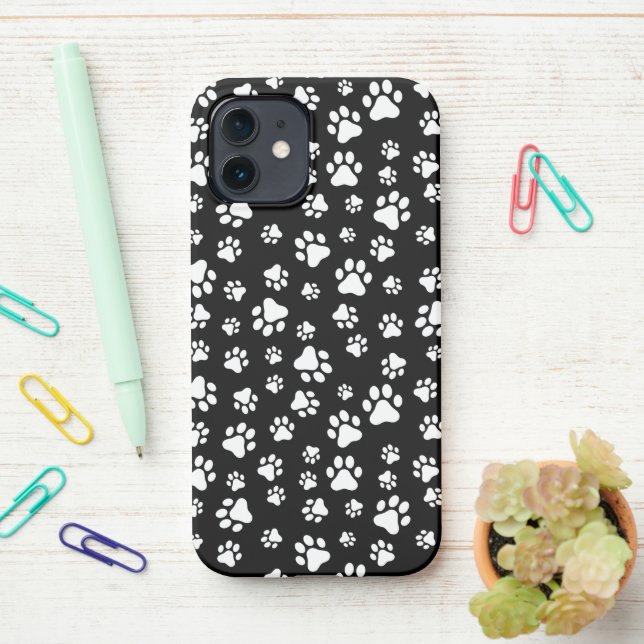 Pattern Of Paws, Paw Prints, Black and White iPhone Case (On Desk)