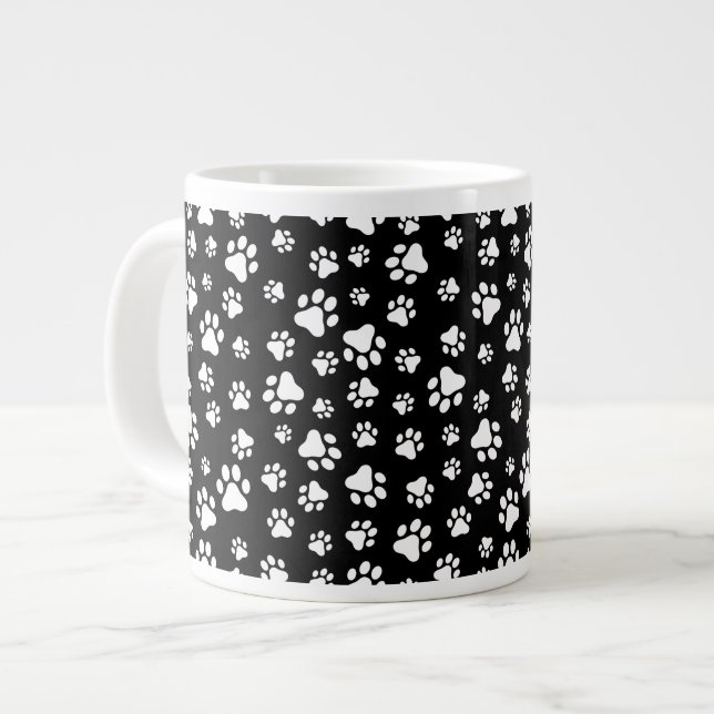 Pattern Of Paws, Paw Prints, Black and White Large Coffee Mug (Front Left)