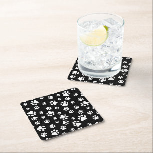 Pattern Of Paws, Paw Prints, Black and White Square Paper Coaster