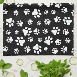 Pattern Of Paws, Paw Prints, Black and White Tea Towel