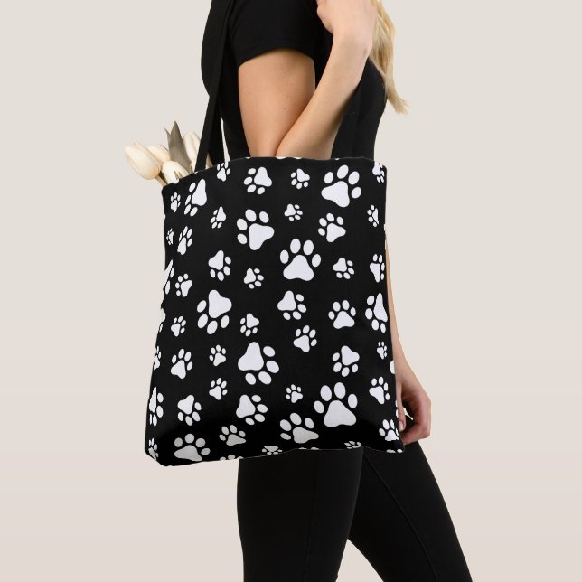 Pattern Of Paws, Paw Prints, Black and White Tote Bag (Close Up)