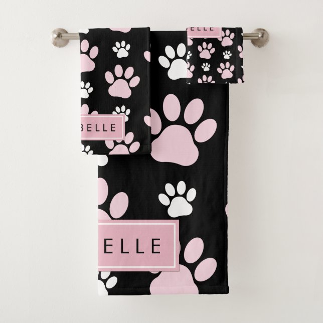 Pattern Of Paws, Pink Paws, Dog Paws, Your Name Bath Towel Set (Insitu)