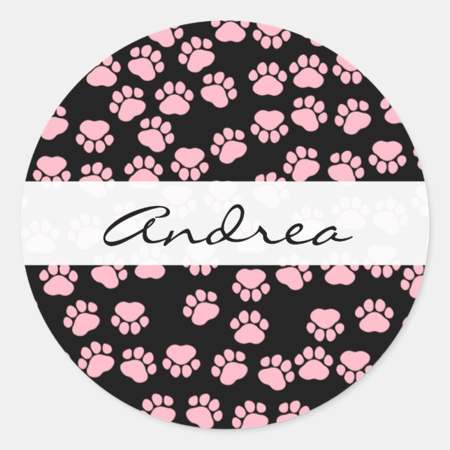 Pattern Of Paws, Pink Paws, Dog Paws, Your Name Classic Round Sticker (Front)