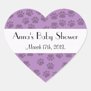 Pattern Of Paws, Purple Paws, Baby Shower Heart Sticker