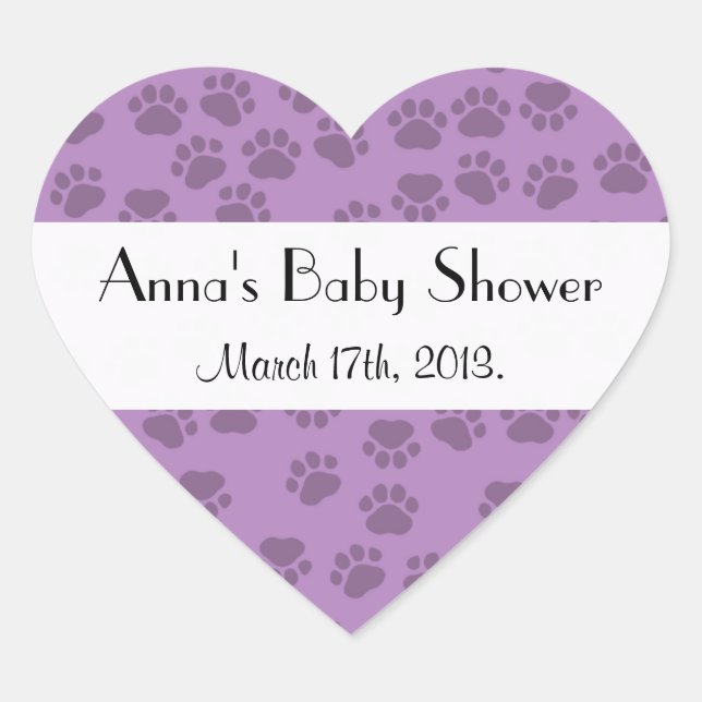 Pattern Of Paws, Purple Paws, Baby Shower Heart Sticker (Front)