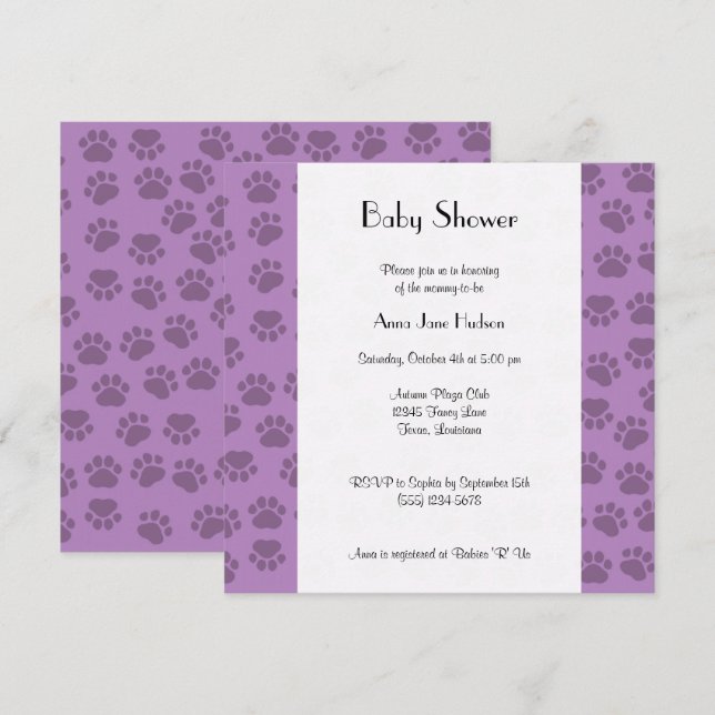 Pattern Of Paws, Purple Paws, Baby Shower Invitation (Front/Back)