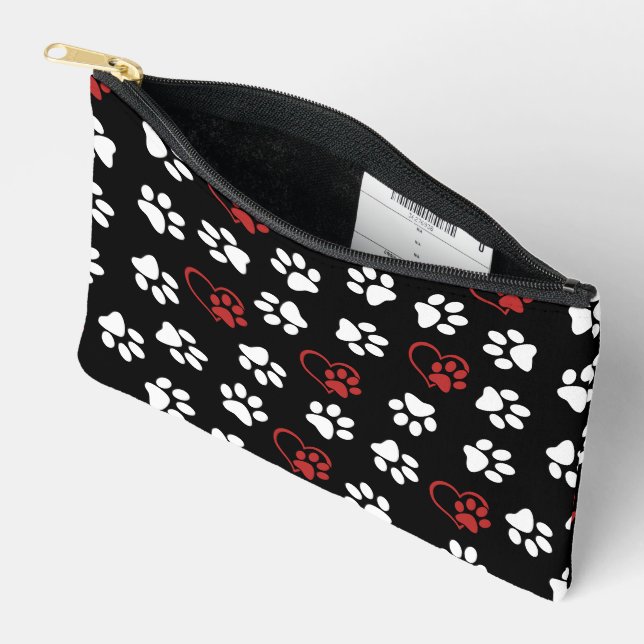 Pattern Of Paws, White Paws, Red Paws, Hearts Accessory Pouch (Open)