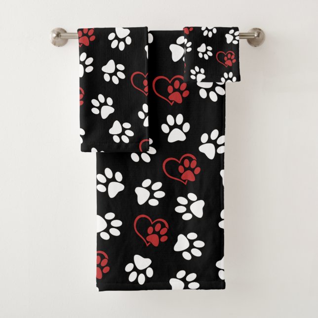 Pattern Of Paws, White Paws, Red Paws, Hearts Bath Towel Set (Insitu)
