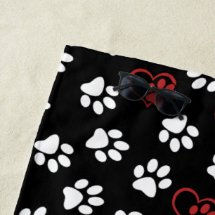 Pattern Of Paws, White Paws, Red Paws, Hearts Beach Towel