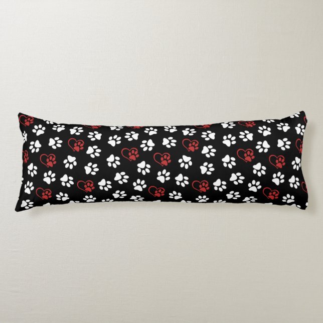 Pattern Of Paws, White Paws, Red Paws, Hearts Body Cushion (Front)