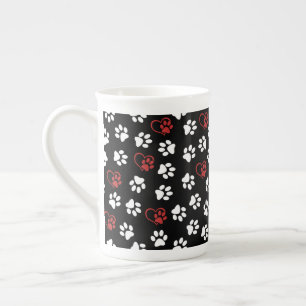 Pattern Of Paws, White Paws, Red Paws, Hearts Bone China Mug