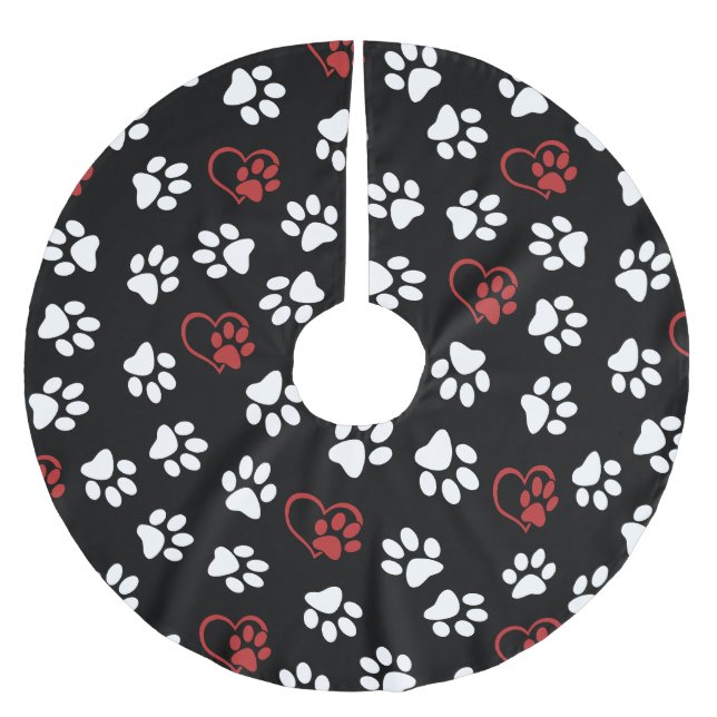 Pattern Of Paws, White Paws, Red Paws, Hearts Brushed Polyester Tree Skirt (Front)