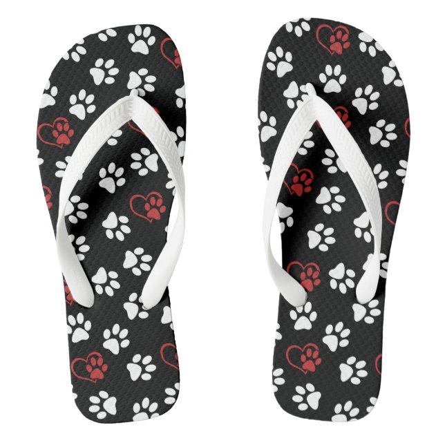 Pattern Of Paws, White Paws, Red Paws, Hearts Flip Flops (Footbed)