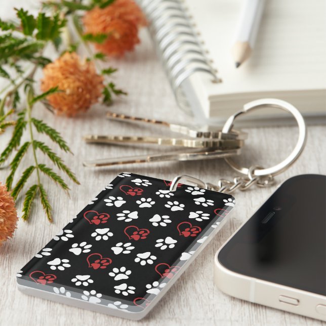 Pattern Of Paws, White Paws, Red Paws, Hearts Key Ring (Front Right)
