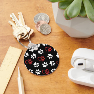 Pattern Of Paws, White Paws, Red Paws, Hearts Key Ring