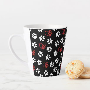 Pattern Of Paws, White Paws, Red Paws, Hearts Latte Mug
