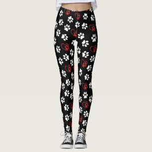 Pattern Of Paws, White Paws, Red Paws, Hearts Leggings