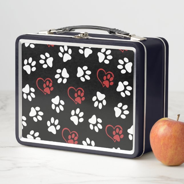 Pattern Of Paws, White Paws, Red Paws, Hearts Metal Lunch Box (In Situ)