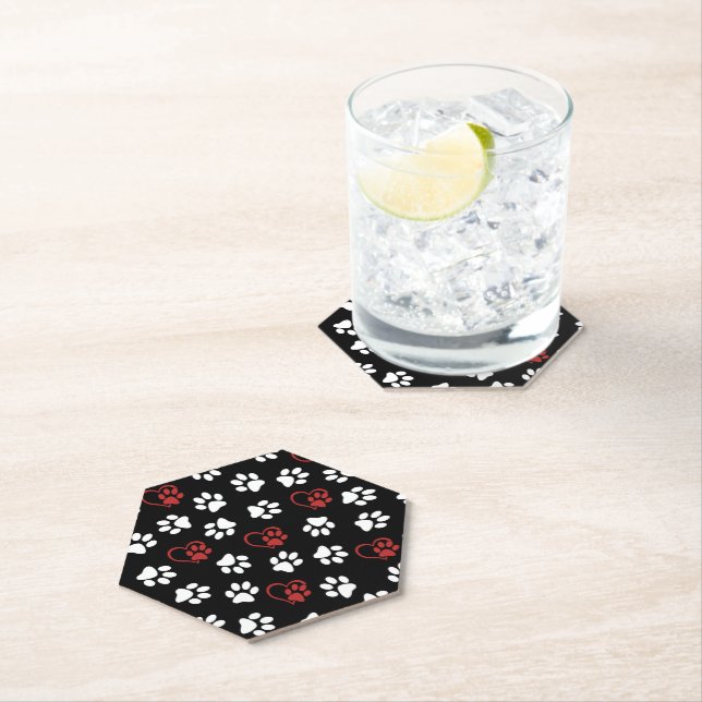 Pattern Of Paws, White Paws, Red Paws, Hearts Paper Coaster (Insitu)