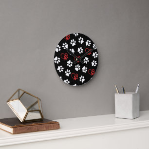 Pattern Of Paws, White Paws, Red Paws, Hearts Round Clock