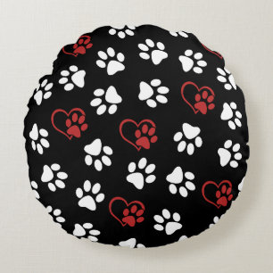 Pattern Of Paws, White Paws, Red Paws, Hearts Round Cushion